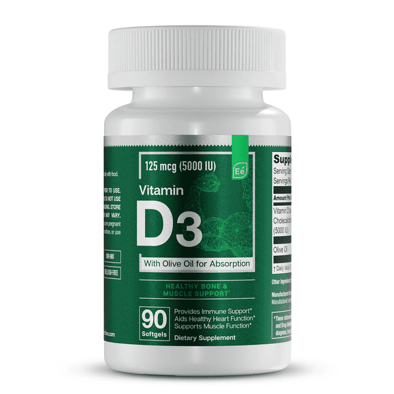 Essential elements Vitamin D3 5000 IU - Softgels with Olive Oil - Bone, Muscle, & Immune Support - 90 Count