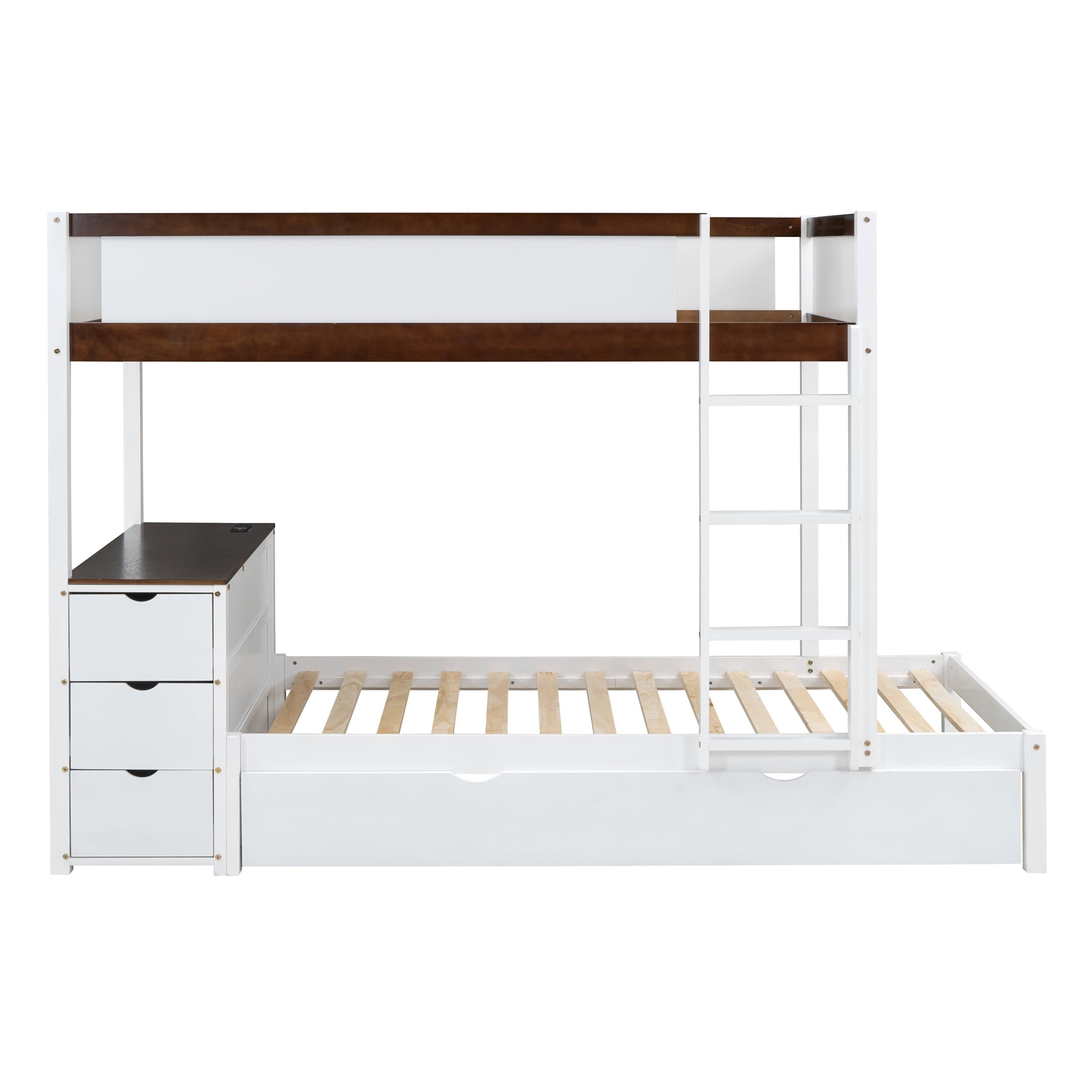 Twin over Twin Bunk Bed with Twin Size Trundle, 3 Storage Drawers and Desk, Solid Wood Kids Bunk Bed Frame with Ladder for Kids Teens Adults