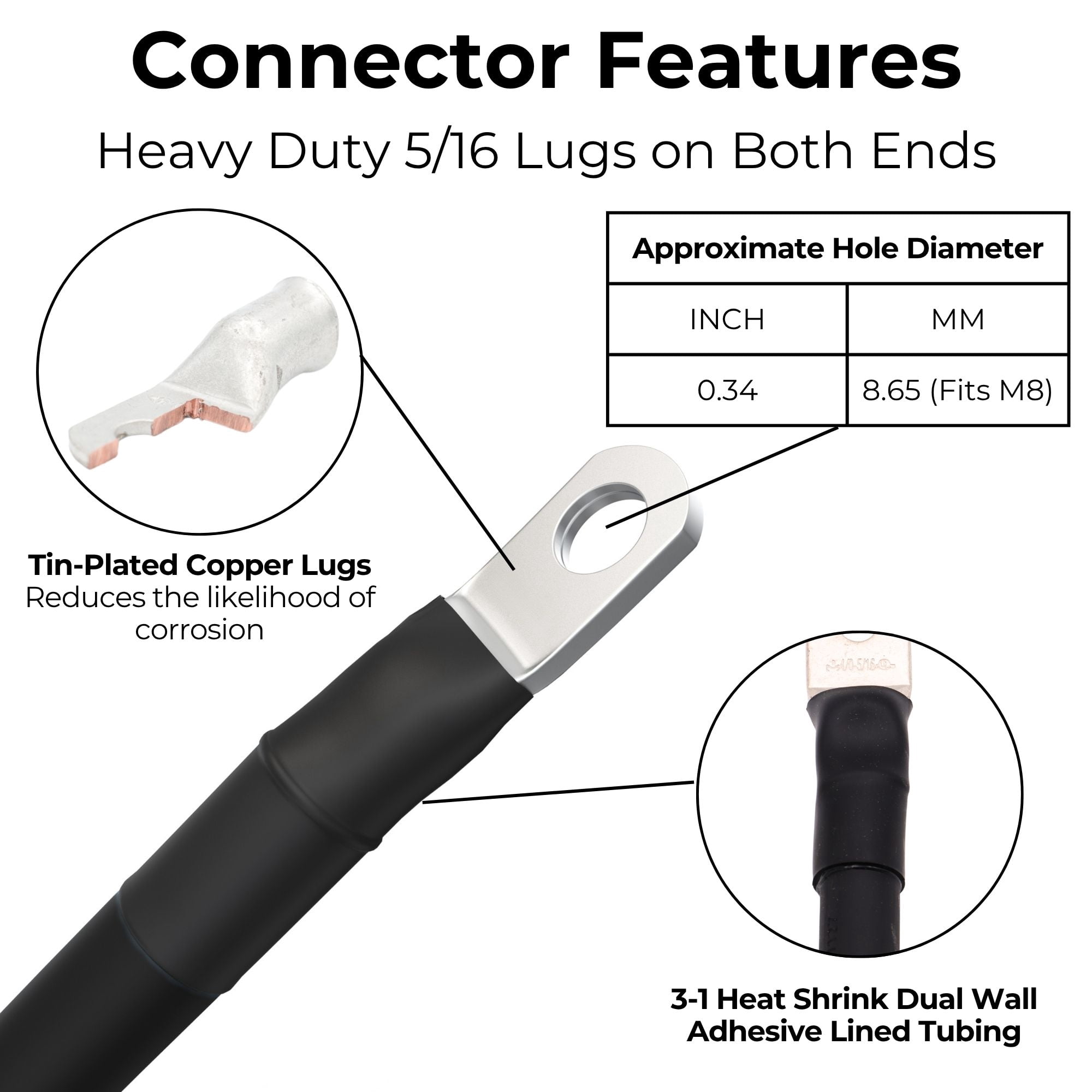 4/0 AWG Battery Cable with Terminals, Pure Copper Wire and Tin-Plated Copper Lugs, Auto, Solar Power Inverter, Welding, Golf Cart, Motorcycle (Black Wire, 2 FT (24 in), 5/16" Lugs on Both Ends, 1pc)