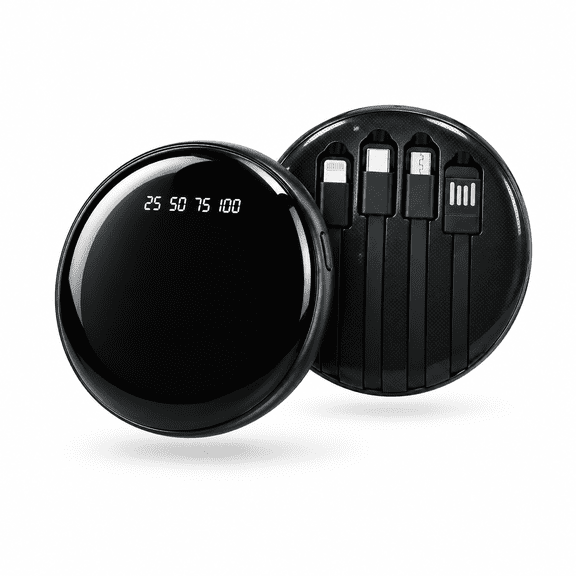 10000mAh Portable Round Chan'ge with Built in Cable Fast Charging Battery,LED Display Phone Charger for iPhone Samsung Android, Travel Essential Gift, Black