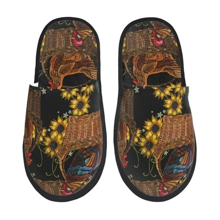 

Yiaed Embroidery Chicken Rooster Print Unisex House Slippers Slip on Warm Shoes Indoor Outdoor with Anti-slip sole-Large