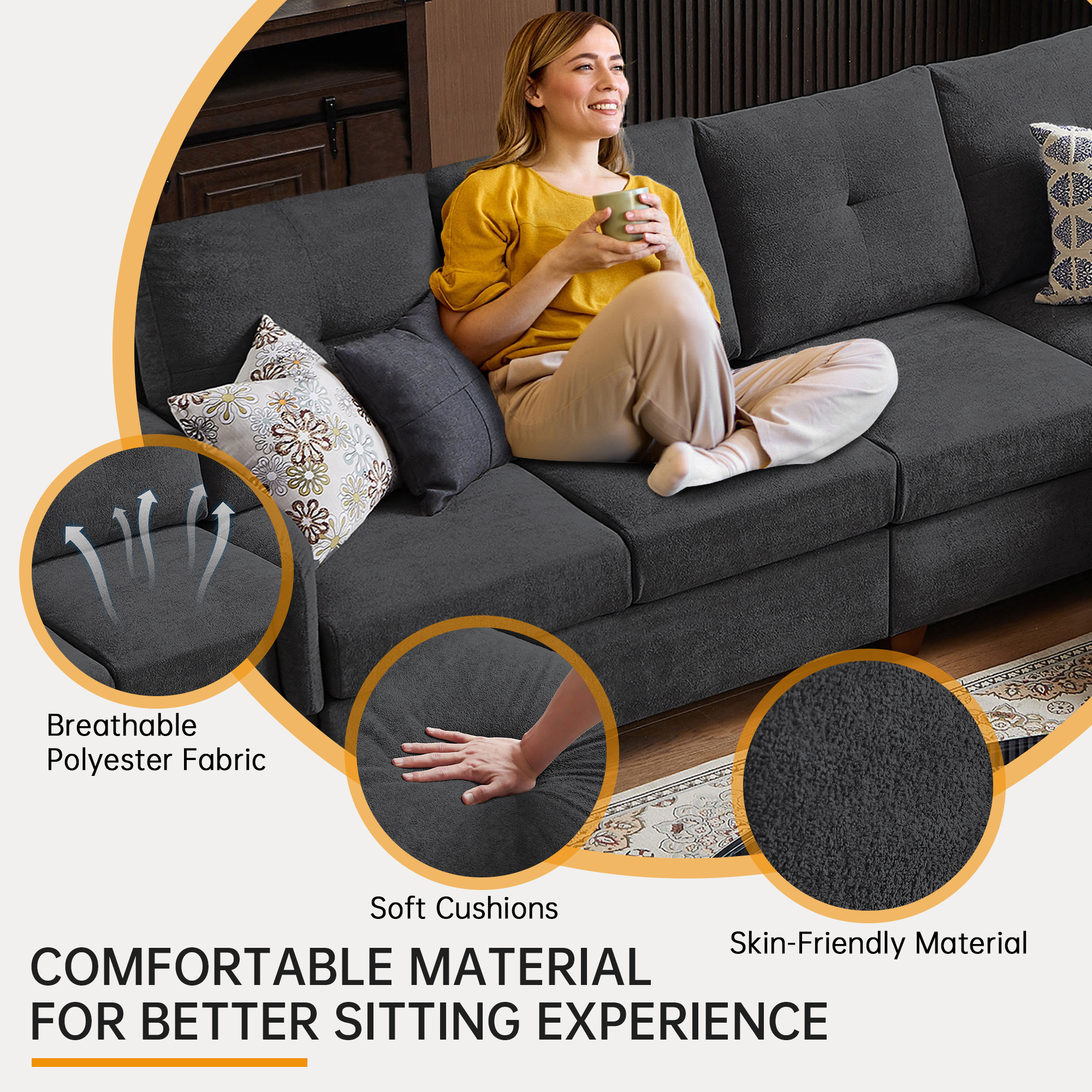 Jarenie Modern Microfiber 4 Seat L Shaped Sectional Sofa, Dark Grey