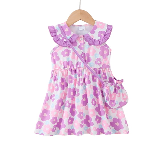 Baby Girls Clothes Infant Girls Floral Dress 6 Months Girls Summer Dress 12 Months Girls Sundress Sleeveless Dress with Cute Bag Purple