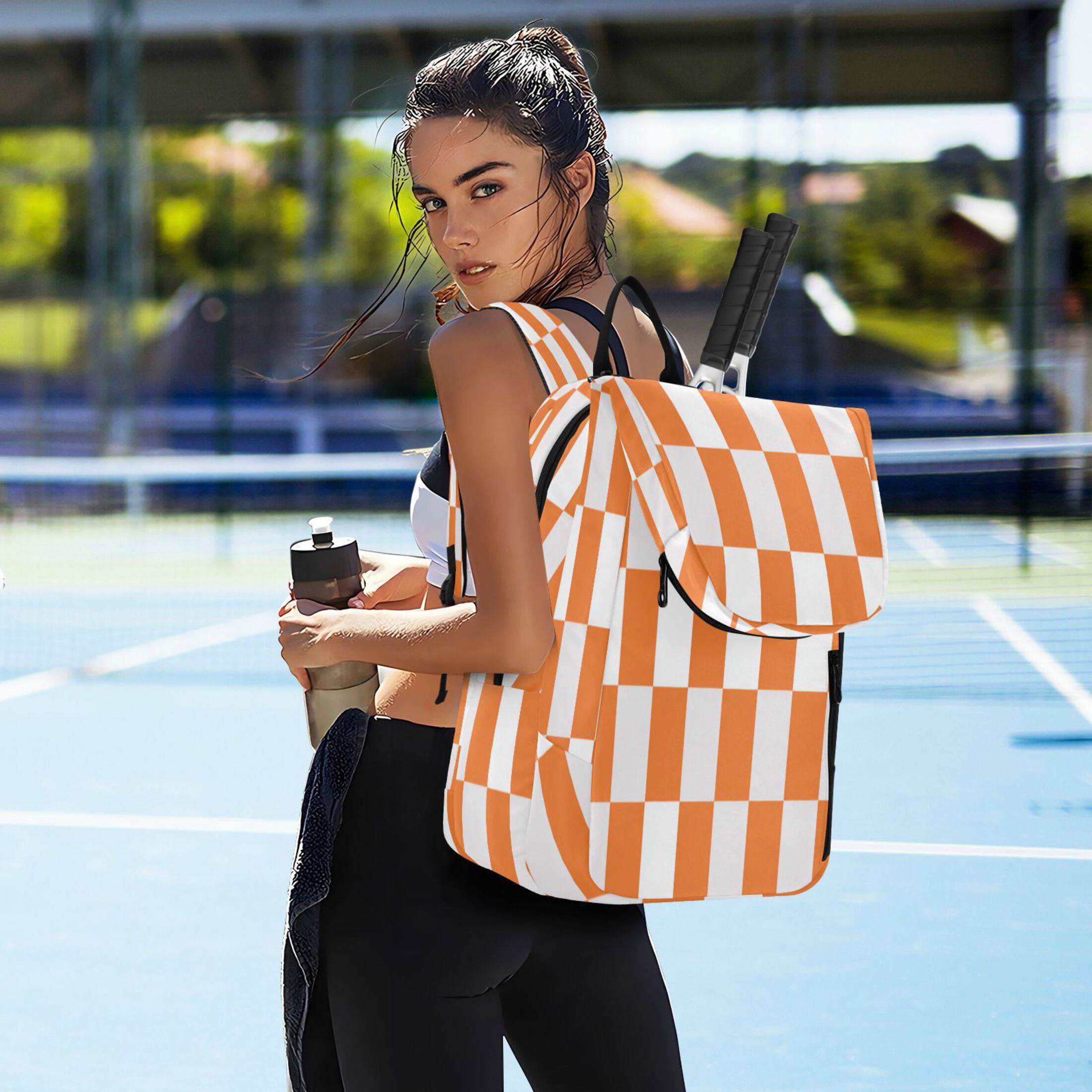 2 Racquet Holder Tennis Backpack Tennis Racket Covers Gym Bags Orange Checkerboard