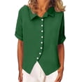 thumbnail image 2 of YFNNUP Cotton Linen Button Down Shirts for Women Short Sleeve V Neck Collared Dress Shirt Solid Color Summer Dressy Blouses Work Tops, 2 of 9