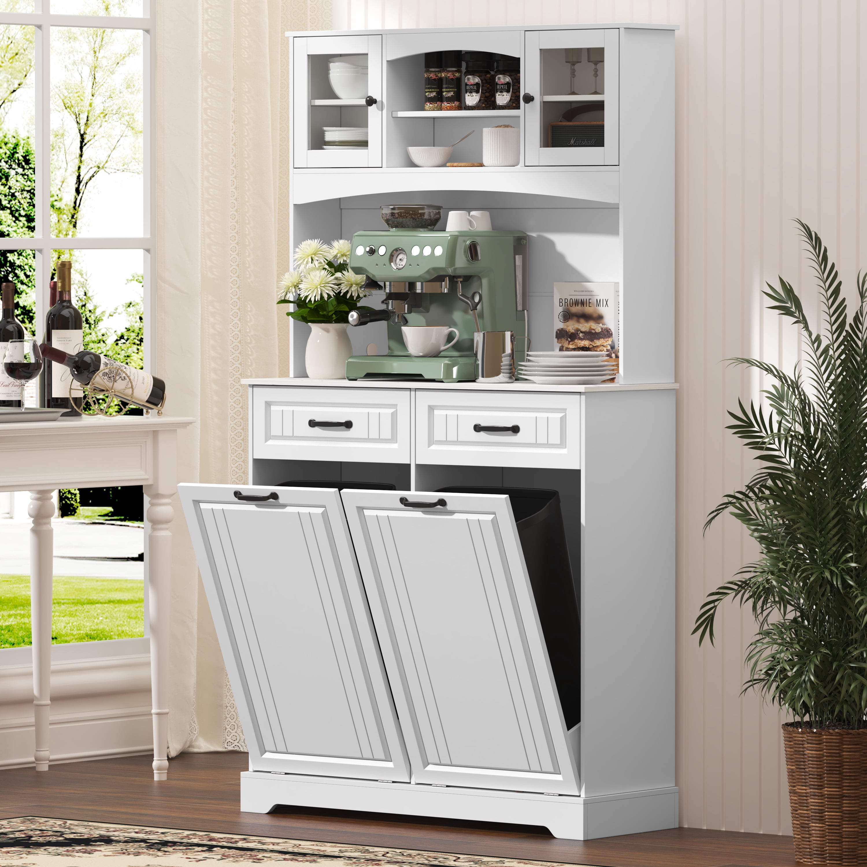 Double 13 Gallon Tilt Out Trash Can Cabinet with Deodorizing Function and Power Outlet, 71" Tall Wooden Garbage Can Holder Cabinet with 2 Storage Hutch & 2 Drawers for Kitchen and Dining Room, White