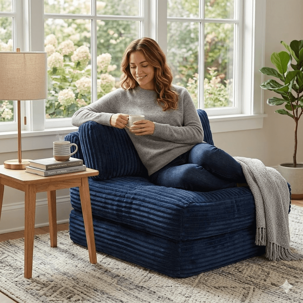 Neche Single Corduroy Convertible Sleeper Sofa - Folding, Pillow Included, Back Support, Portable for Living Room & Bedroom, Navy