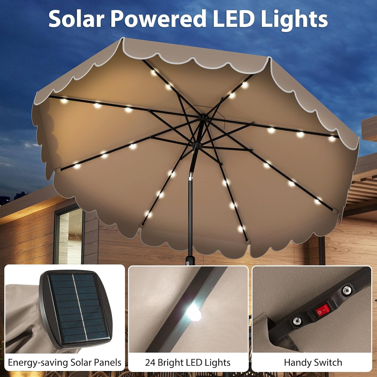 ZYPPP 10FT Solar LED Patio Umbrella, 2-Tiers Scalloped Outdoor Table Market Umbrella with 24 LED Lights, Vented Top, Tilt Adjustment, Crank, 8 Ribs for Backyard Poolside Deck Beach Lawn (Coffee)