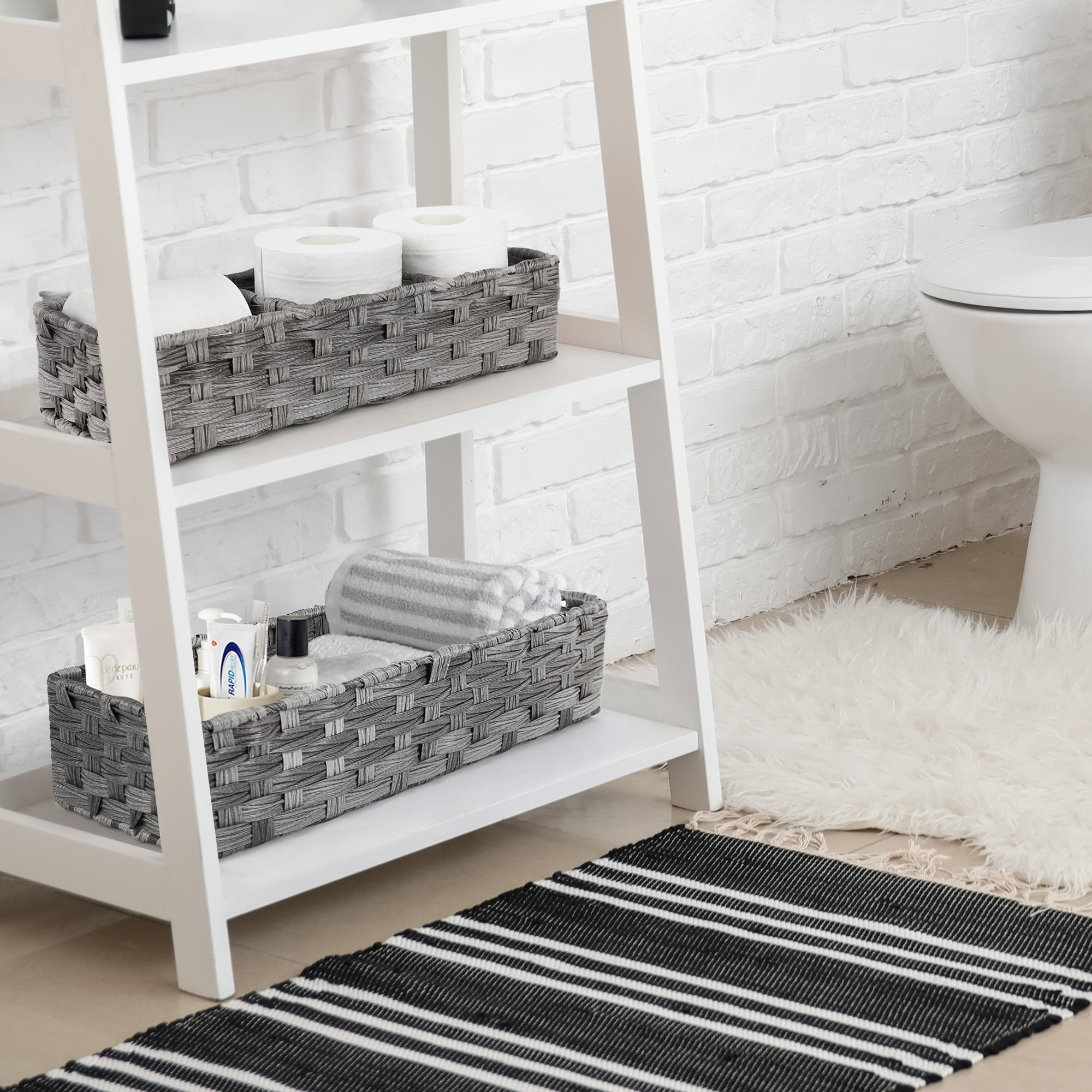 LotFancy Toilet Paper Storage Basket, 2 Pack Woven Wicker Toilet Tray Tank Topper Baskets,Gray