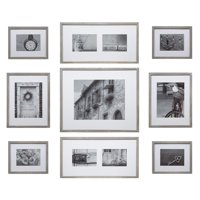 Gallery Perfect 9 Piece Greywash Wood Photo Frame Wall Gallery Kit with Decorative Art Prints & Hanging Template