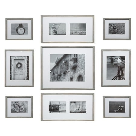 Photo Gallery Templates - Gallery Perfect 9 Piece Greywash Wood Photo Frame Wall Gallery Kit with Decorative Art Prints & Hanging Template