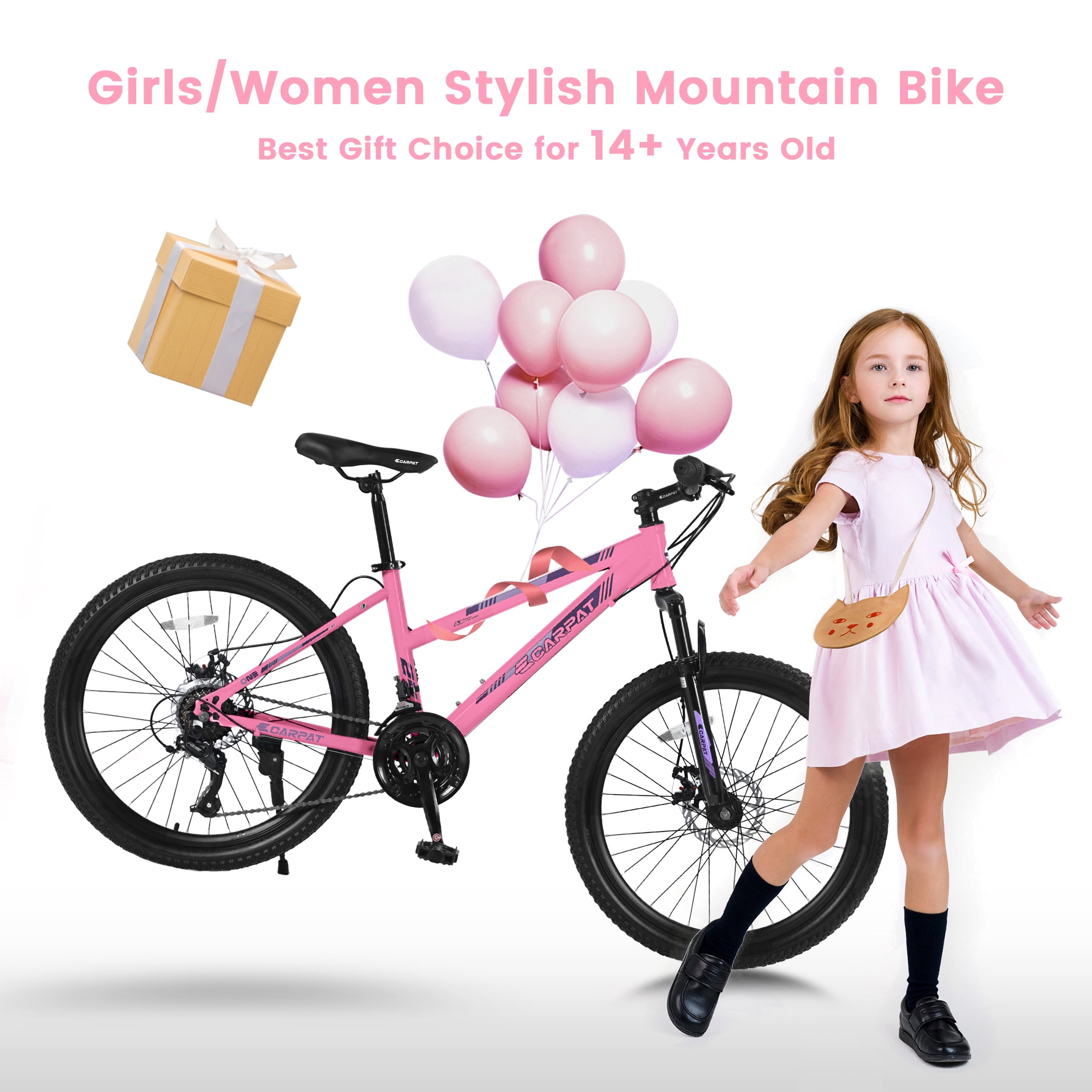 24 inch Girls Women Mountain Bike, 21 Speeds Mountain Bicycle with Steel Frame, Dual Disc Brakes and 100mm Front Suspension, MTB Bike for Urban Trail Snow Commuter, Pink