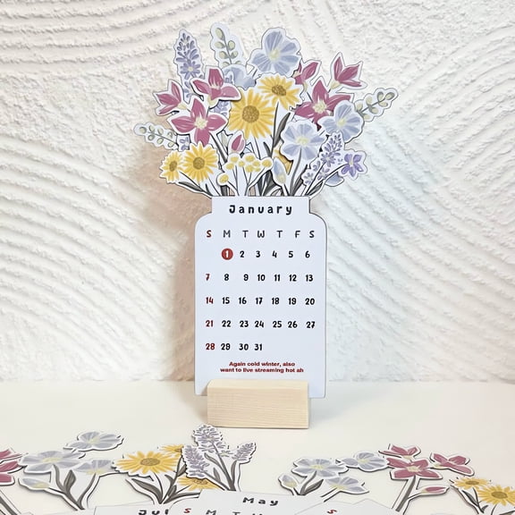 Moocorvic Flowers Desk Calendar 2026 with Wooden Base, Mini Standing Flip Calendar for Home Office,7.68''X2.74''