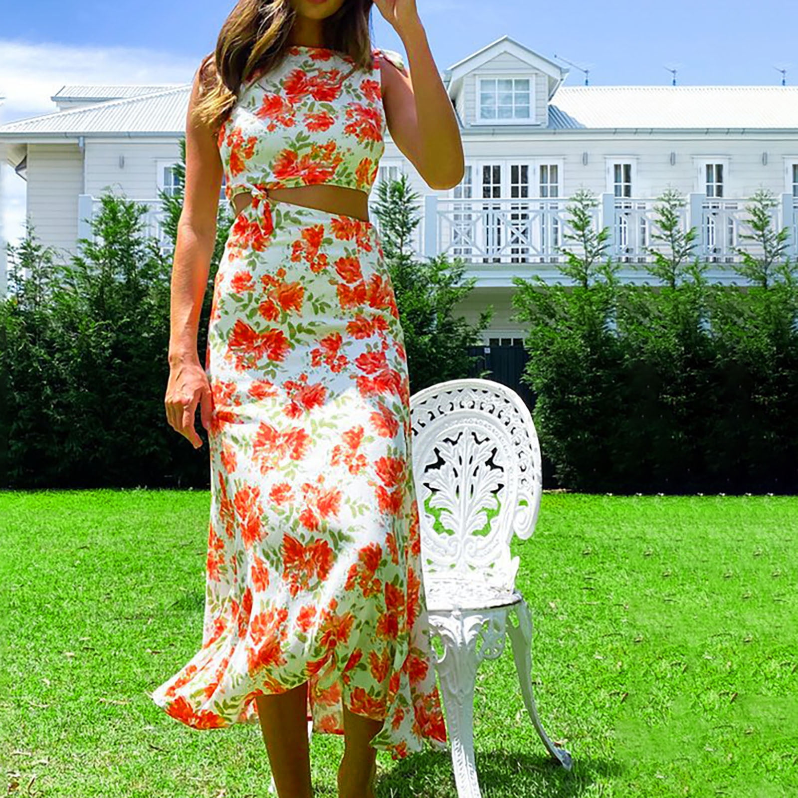glamorous print sleeveless one shoulder maxi dress