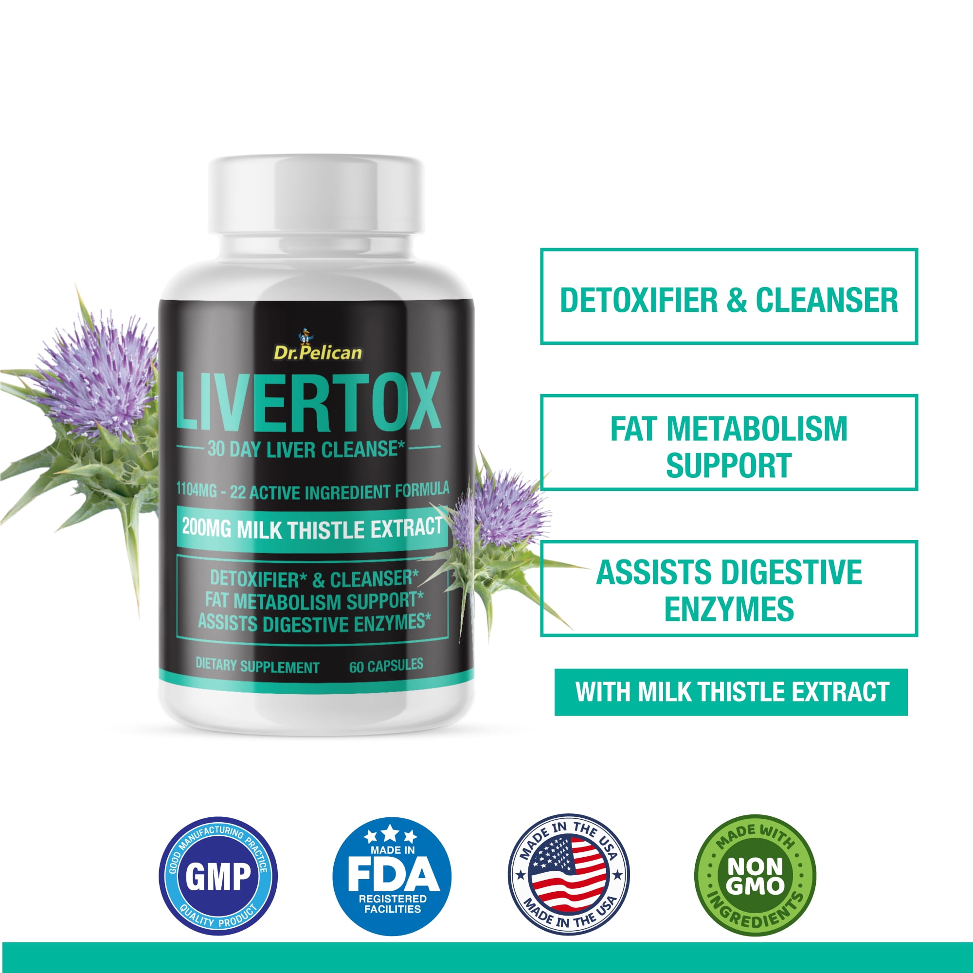 Livertox- Liver Detoxifier/Digestive Enzymes/Metabolism- 2 Bottles- 120 Capsules- Dr. Pelican