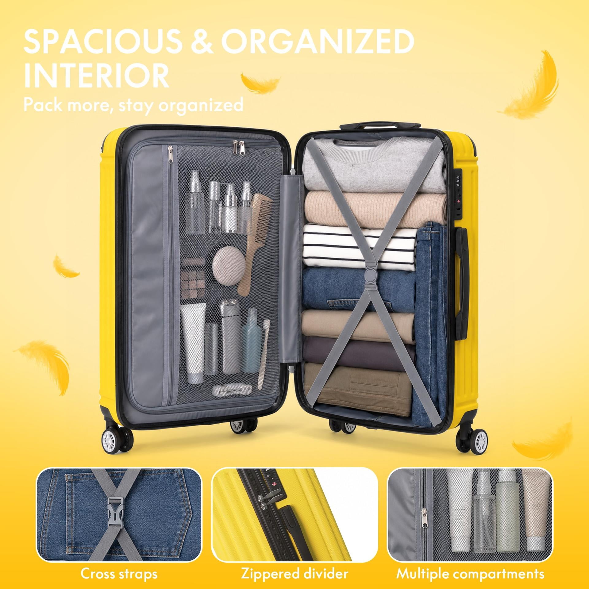 3-Piece ABS Hardshell Luggage Set - Lightweight Durable Suitcases with 4 Silent Spinner Wheels, TSA Lock & Scratch-Resistant Surface, 20"/24"/28", Lemon Yellow