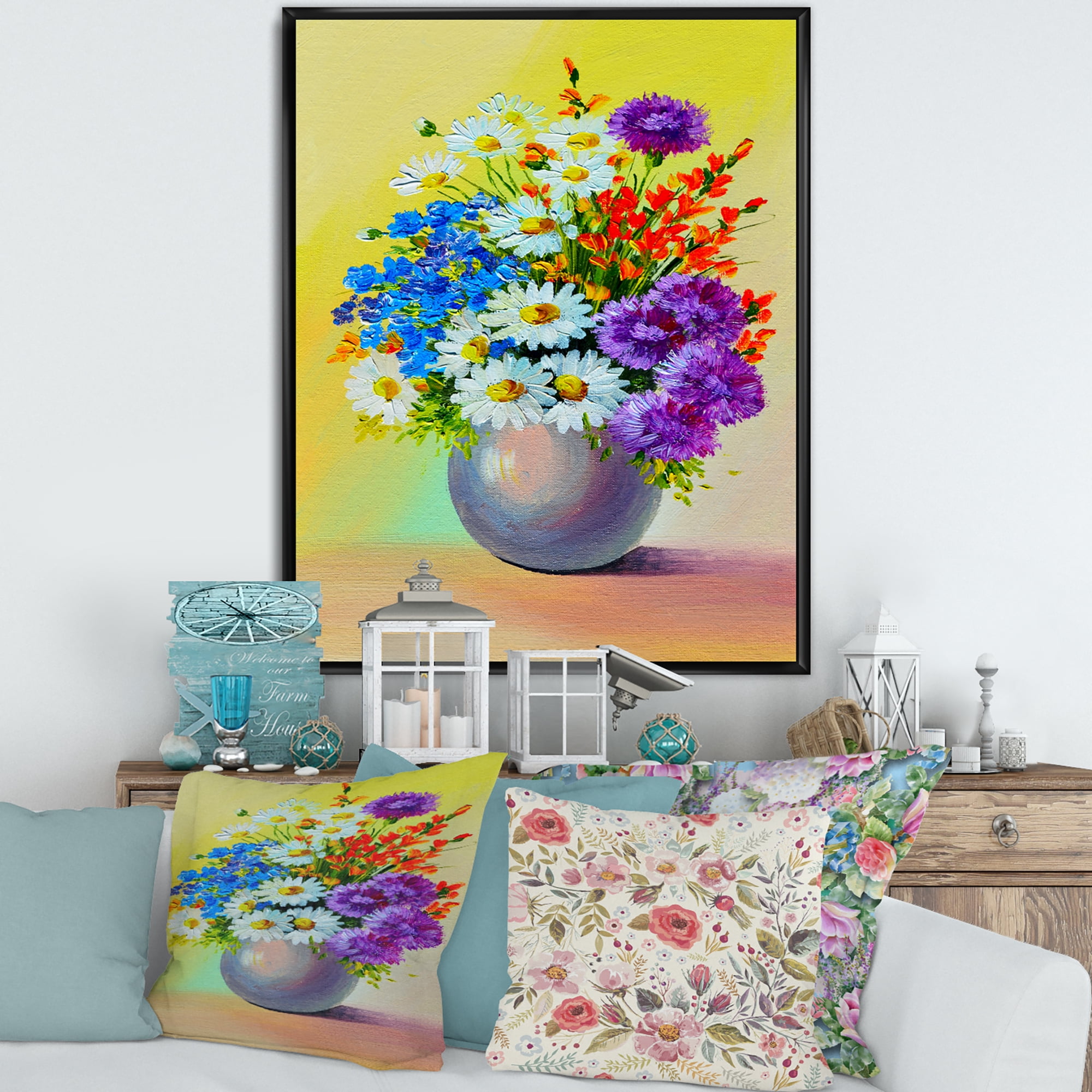 Still Life A Bouquet Of Red Blue & White Flowers 24 in x 32 in Framed Painting Canvas Art Print, by Designart