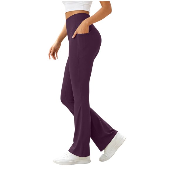 BADHUB Women Yoga Pants with Pockets Bell Bottom High Waist Tummy Control Pant Workout Sport Solid Pant Purple XL