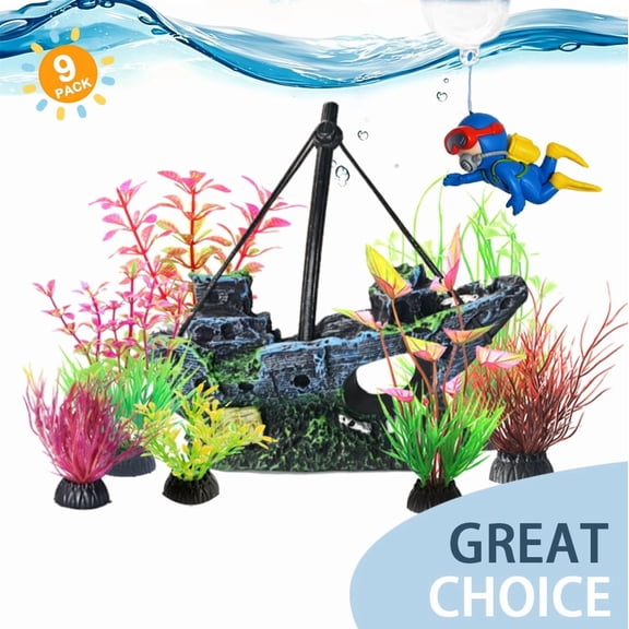 BellaNotes 9 Pcs Aquarium Decor Set Shipwreck Decoration Little Diver Floating Fish Tank Decoration Fish Tank Plants