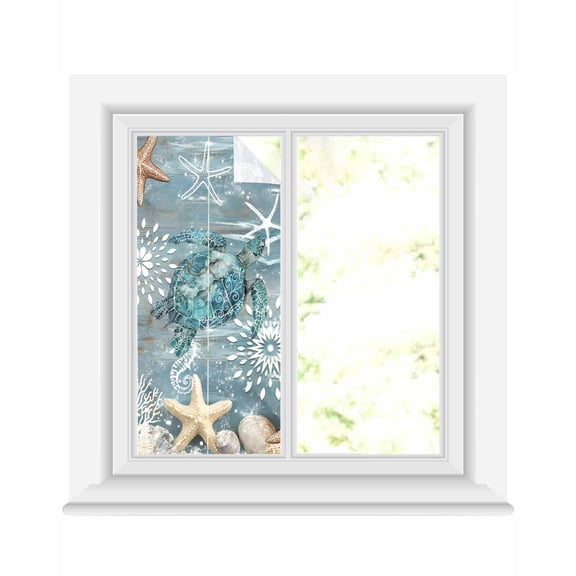 Window Privacy Film Coastal Turtle Stained Glass Window Film Decorative Sun Block Window Cover Summer Nautical Teal Beach Starfish Coral Window Clings Static Adhesive Sticker for Bathroom 19.6"x39.3"