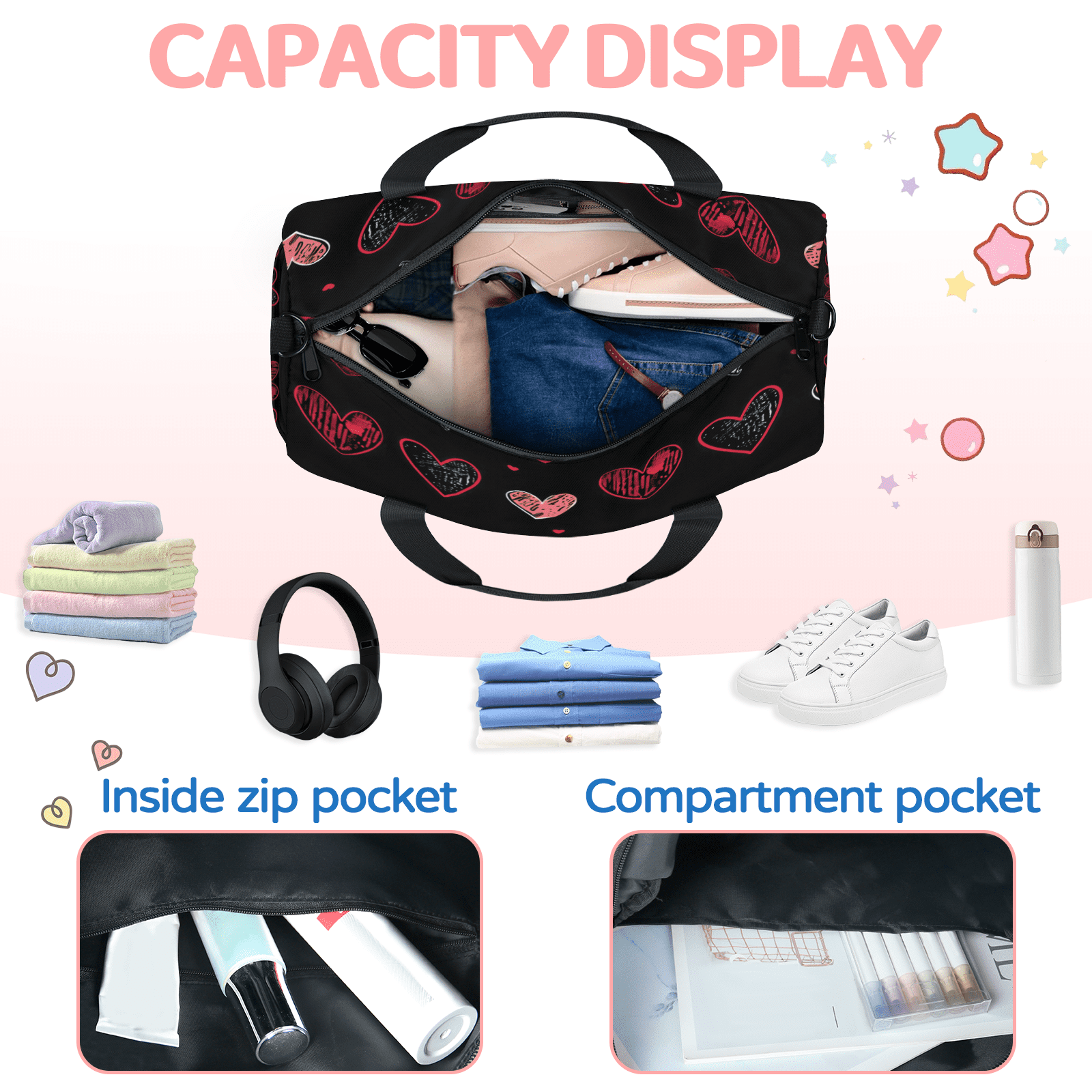Herdesigns Valentine's Day Black Red Heart Gym Bag for Women, Duffle Bag for Travel Sport, Lightweight Waterproof Carry on Weekender Overnight Dance Yoga Workout Bags