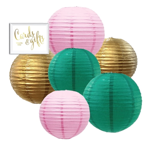 Koyal Wholesale Blush Pink Emerald Green Gold Hanging Paper Lanterns Kit 6-Pack Party Sign