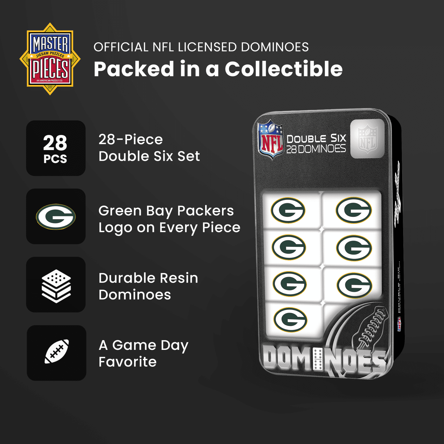 MasterPieces NFL Green Bay Packers Dominoes 28 Piece Set in Tin