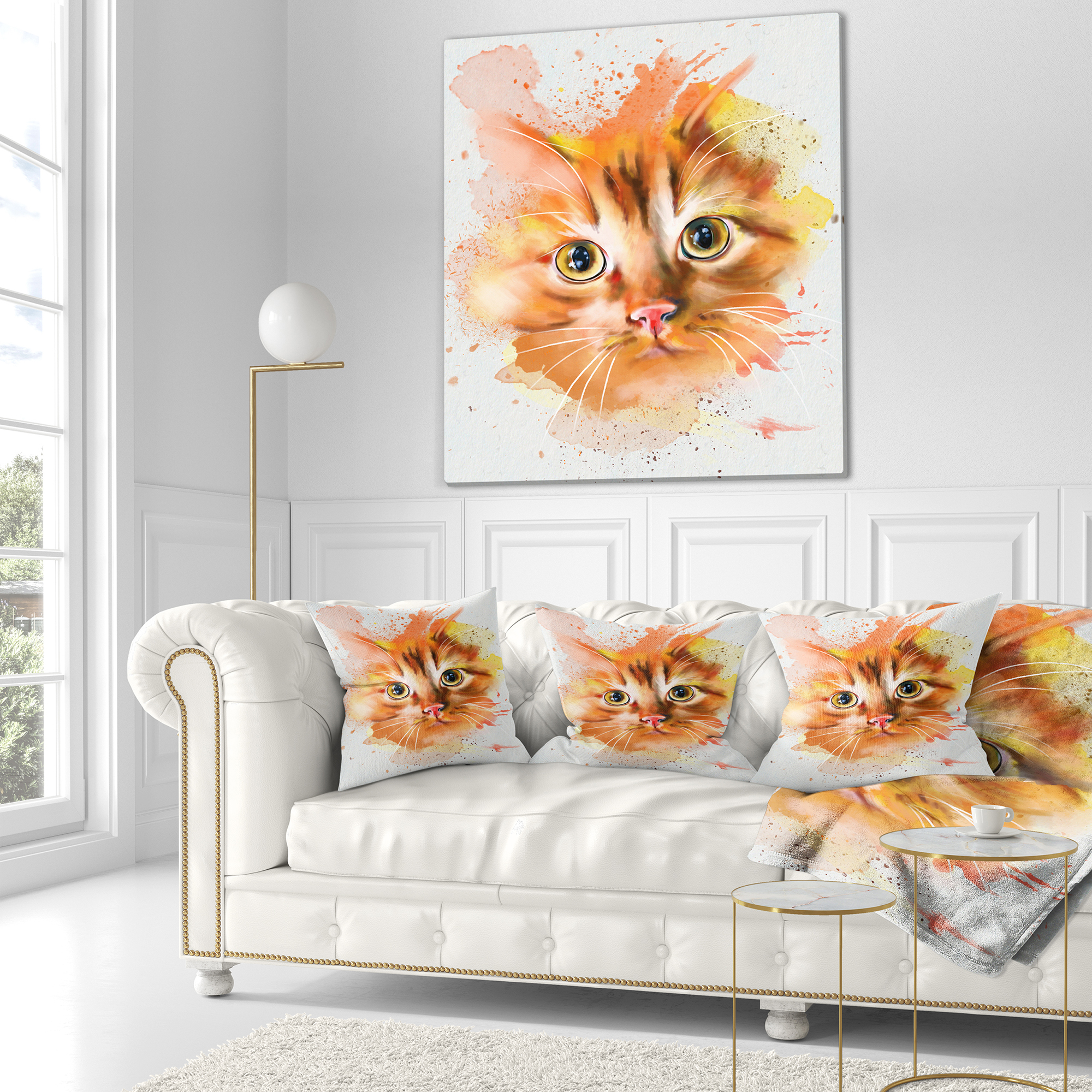 Designart Lovely Red Watercolor Cat - Animal Throw Pillow - 16x16