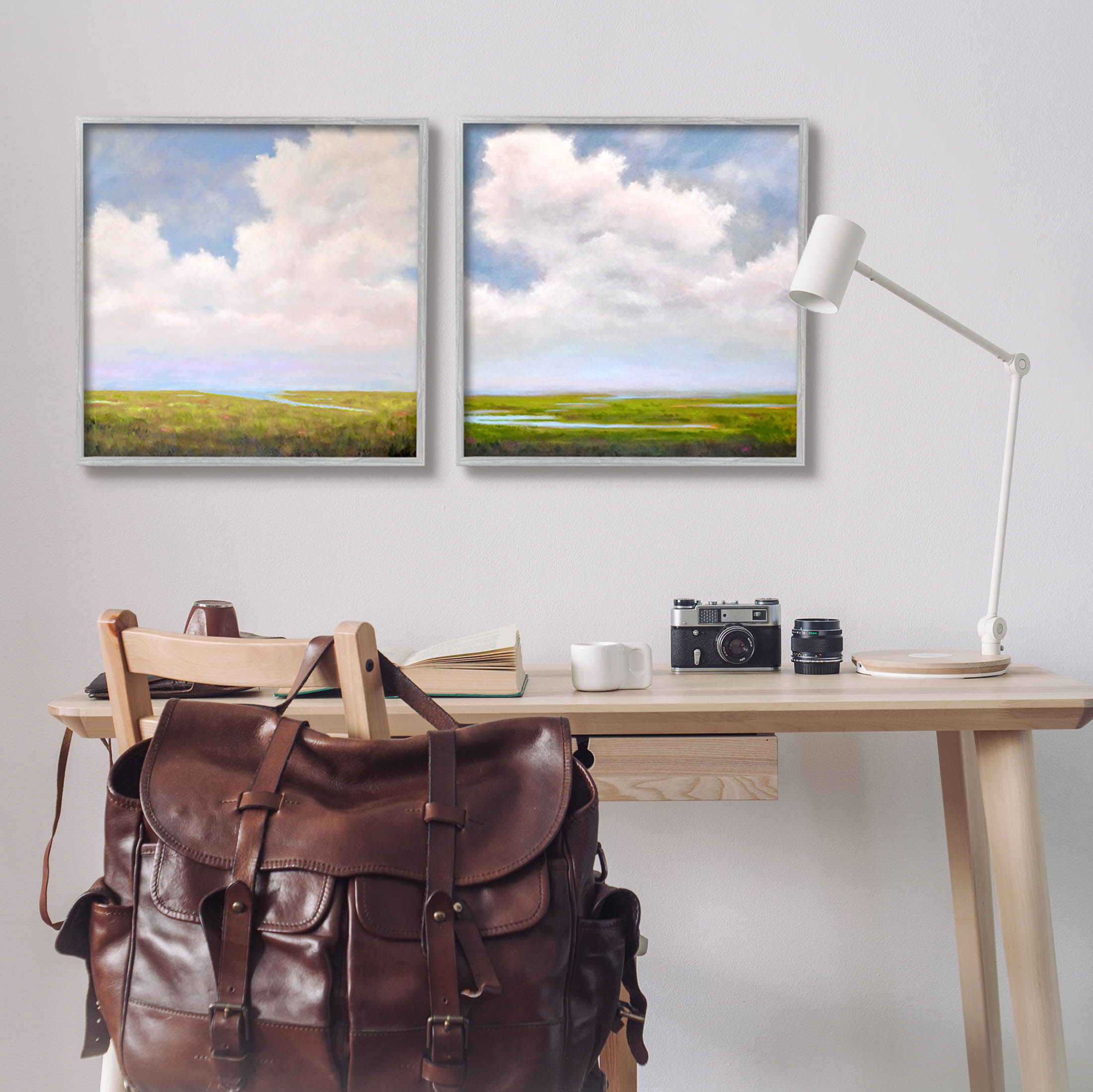 Stupell Industries Panoramic Clouds Over Bay Painting Gray Framed Art Print Wall Art, Set of 2, Design by Catherine Andersen