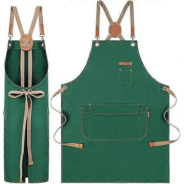 Chef Apron with Pockets, Cotton Canvas Apron for Kitchen Cooking Baking Artist Painting, Cross Back Work Aprons Green