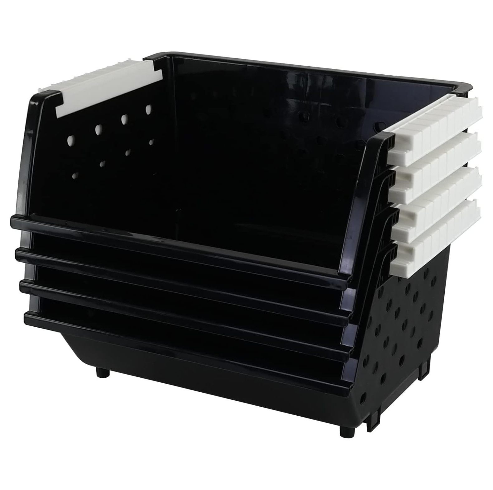 4 Pack Plastic Stackable Storage Baskets, Large Stacking Organizer Bins, Black