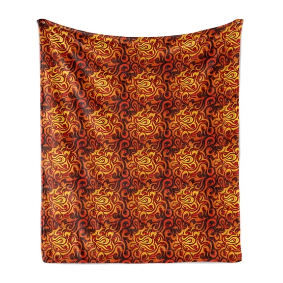 Abstract Soft Flannel Fleece Blanket, Surreal Floral Pattern with Swirls Curves Foliage Design with Warm Colors, Cozy Plush for Indoor and Outdoor Use, 70" x 90", Yellow Orange Black, by Ambesonne