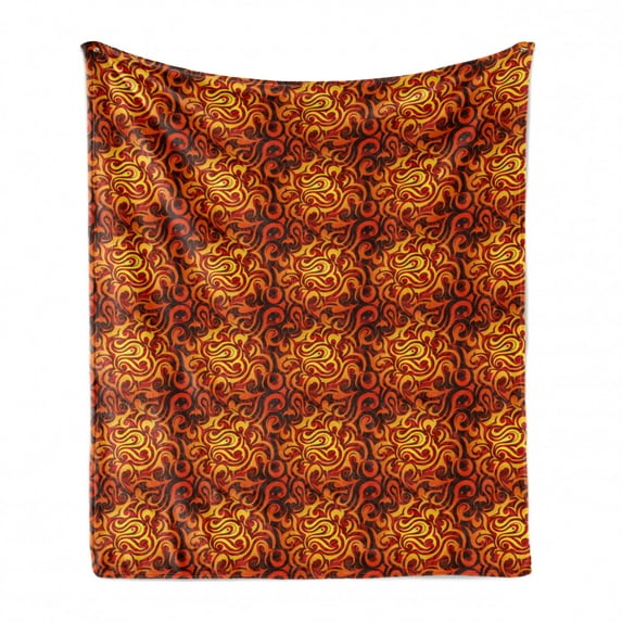 Abstract Soft Flannel Fleece Blanket, Surreal Floral Pattern with Swirls Curves Foliage Design with Warm Colors, Cozy Plush for Indoor and Outdoor Use, 50" x 70", Yellow Orange Black, by Ambesonne