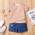 thumbnail image 3 of 4T Baby Boys Clothes 5T Toddler Boys Summer 2PCS Outfits Letter Print Short Sleeve Shirt Top Ripped Denim Shorts Set Orange, 3 of 7