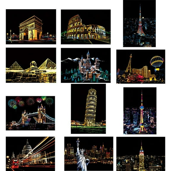 12Pcs DIY Night Scene Art Scratch Painting City Building Landscape Art Craft Scratch Creative Gift Scratchboard for Adult