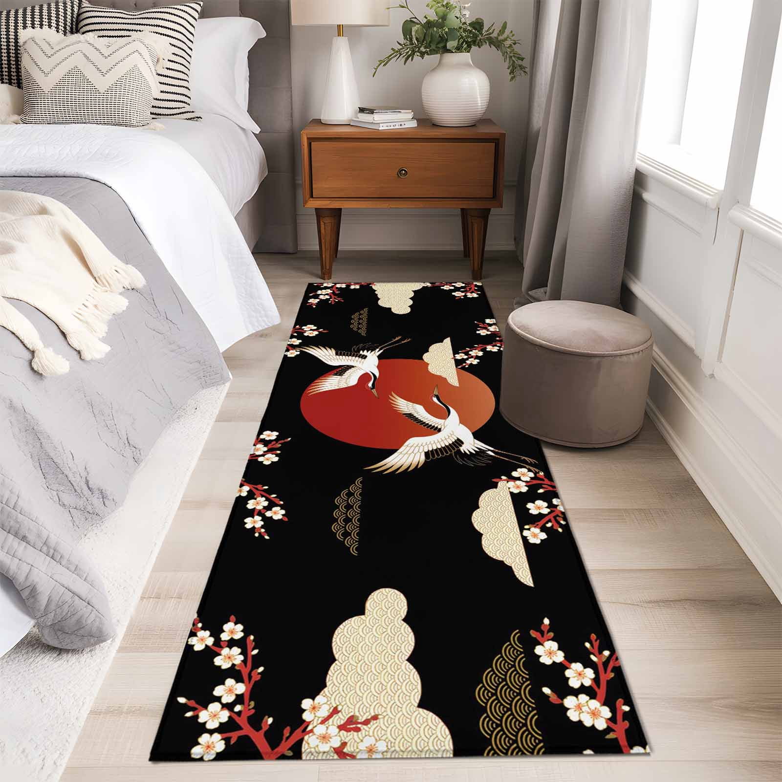 Japanese Style Area Rugs Collection 2'x6', Modern Cranes Cherry Flower Wave Red Brown Non Slip Indoor Rectangle Throw Runner Rug Floor Mat Carpet for Living Room Dining Table Bedroom Nursery