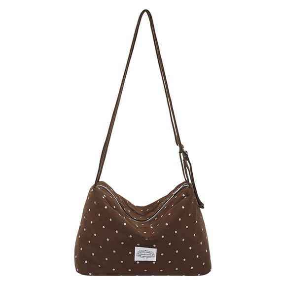 Women Large Capacity Shoulder Bag With Zipper Closure Polka Dot Crossbody Purse Adjustable Strap Shoulder Messenger Bag For Travel Shopping Work Daily Use (Coffee)