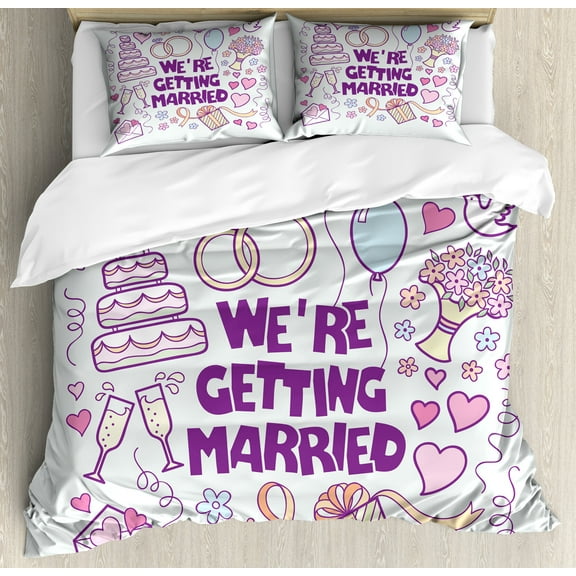 Wedding Duvet Cover Set, We're Getting Married Happy Celebration Ceremony Arrangement of Doves Print, Decorative 3 Piece Bedding Set with 2 Pillow Shams, King Size, Purple Blue Pink, by Ambesonne