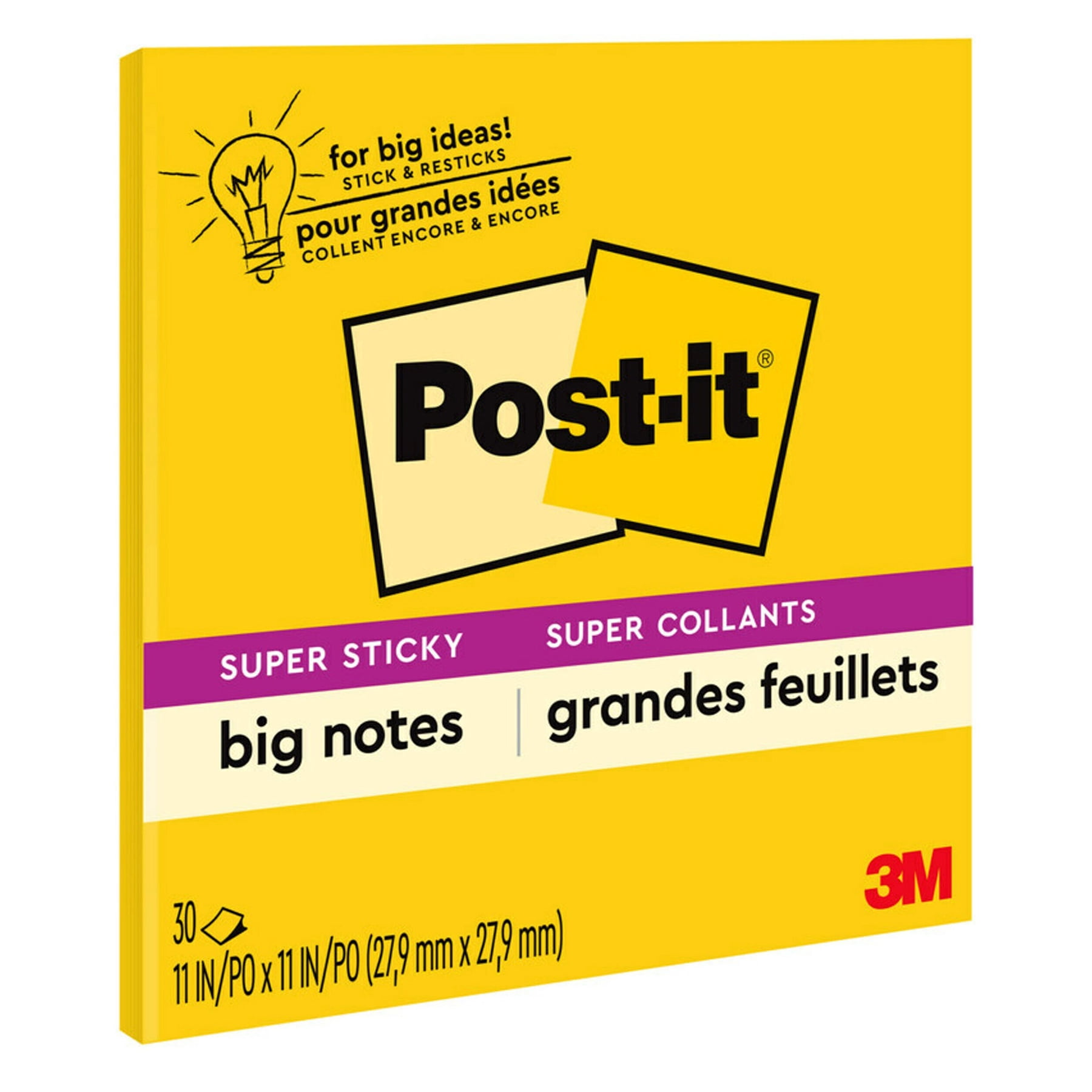 Post-it Super Sticky Big Note, 11 in. x 11 in., Yellow, 30 Sheets/Pad, Pack of 3