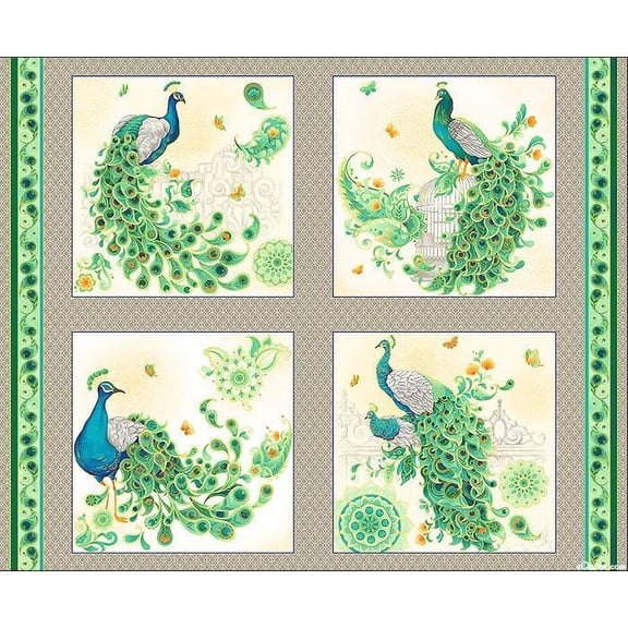 36" X 44" Panel Imperial garden Peacock Peacocks Animals Birds Taupe Metallic Gold Cotton Fabric Panel (OA604211)