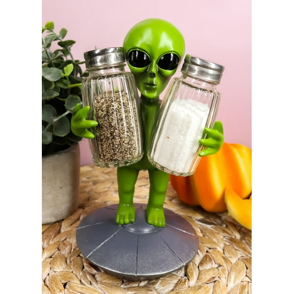 Ebros UFO Green Alien On Flying Saucer Spaceship Salt And Pepper Shakers Set