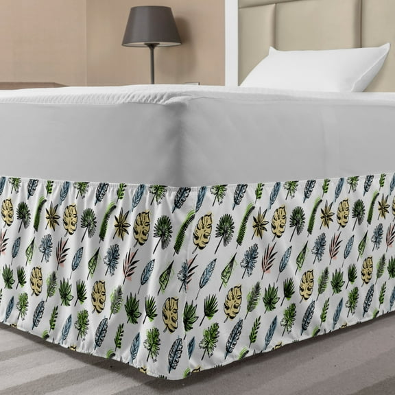 Philodendron Bed Skirt, Hand Drawn Tropical Leaves in Grunge, Elastic Bedskirt Dust Ruffle Wrap Around for Bedding Decor, 4 Sizes, Whitw Multicolor, by Ambesonne
