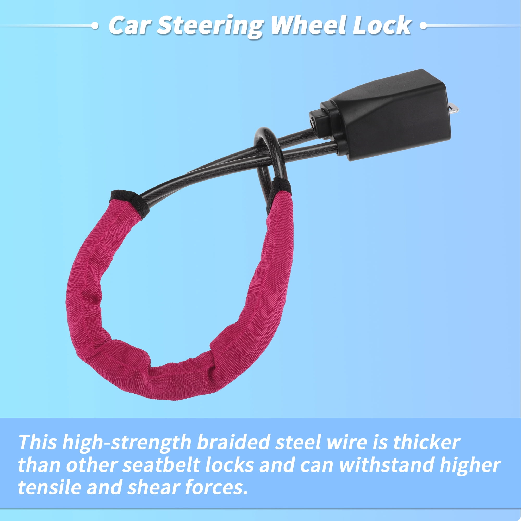 Unique Bargains Steering Wheel Lock with Seat Belt Lock Function - Universal Anti Theft Car Device for Most Vehicles 44 cm Length High Security with Pink (1 Set)