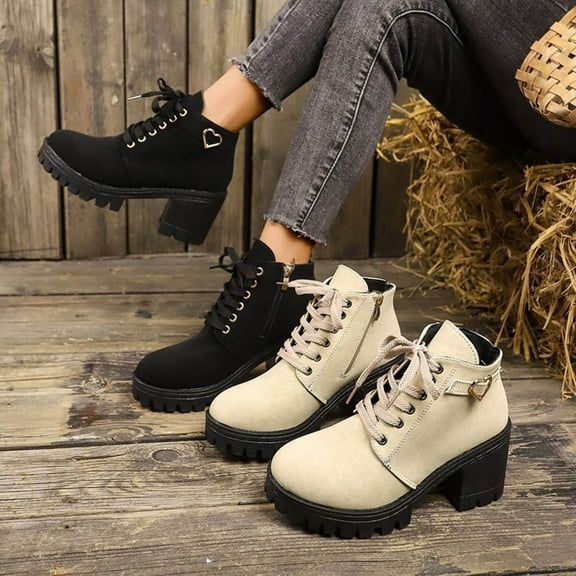 Ankle Boots for Women Chunky Mid Heel Round Toe Side Zipper Lace-Up Booties Fashion Casual Versatile Warm Fall Winter Comfortable Shoes for Women Beige 5.5