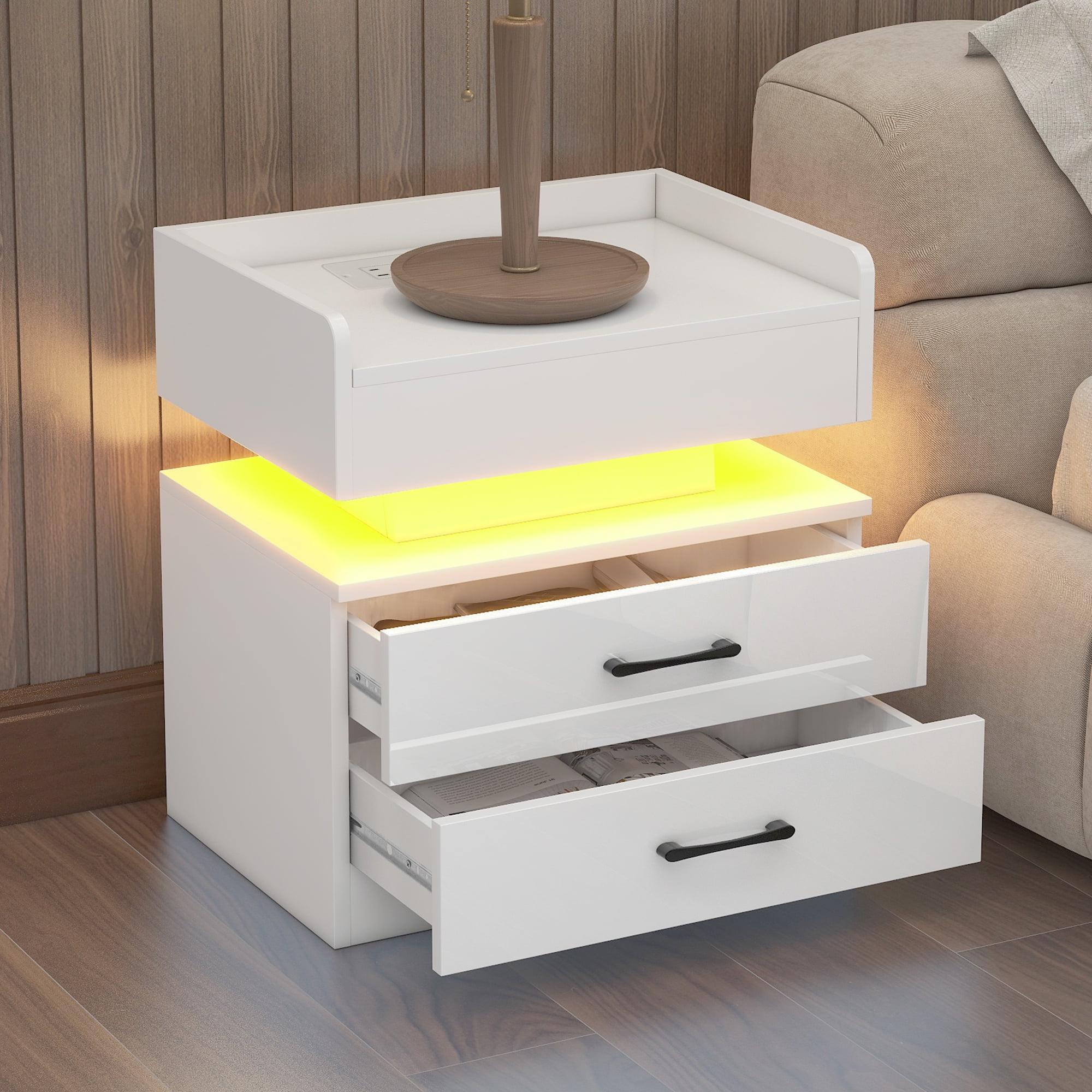 Resenkos Wireless Charging Nightstand with 2 Drawers and Remote Control LED Light, White Resenkos Wireless Charging Nightstand with 2 Drawers and Remote Control LED Light, White