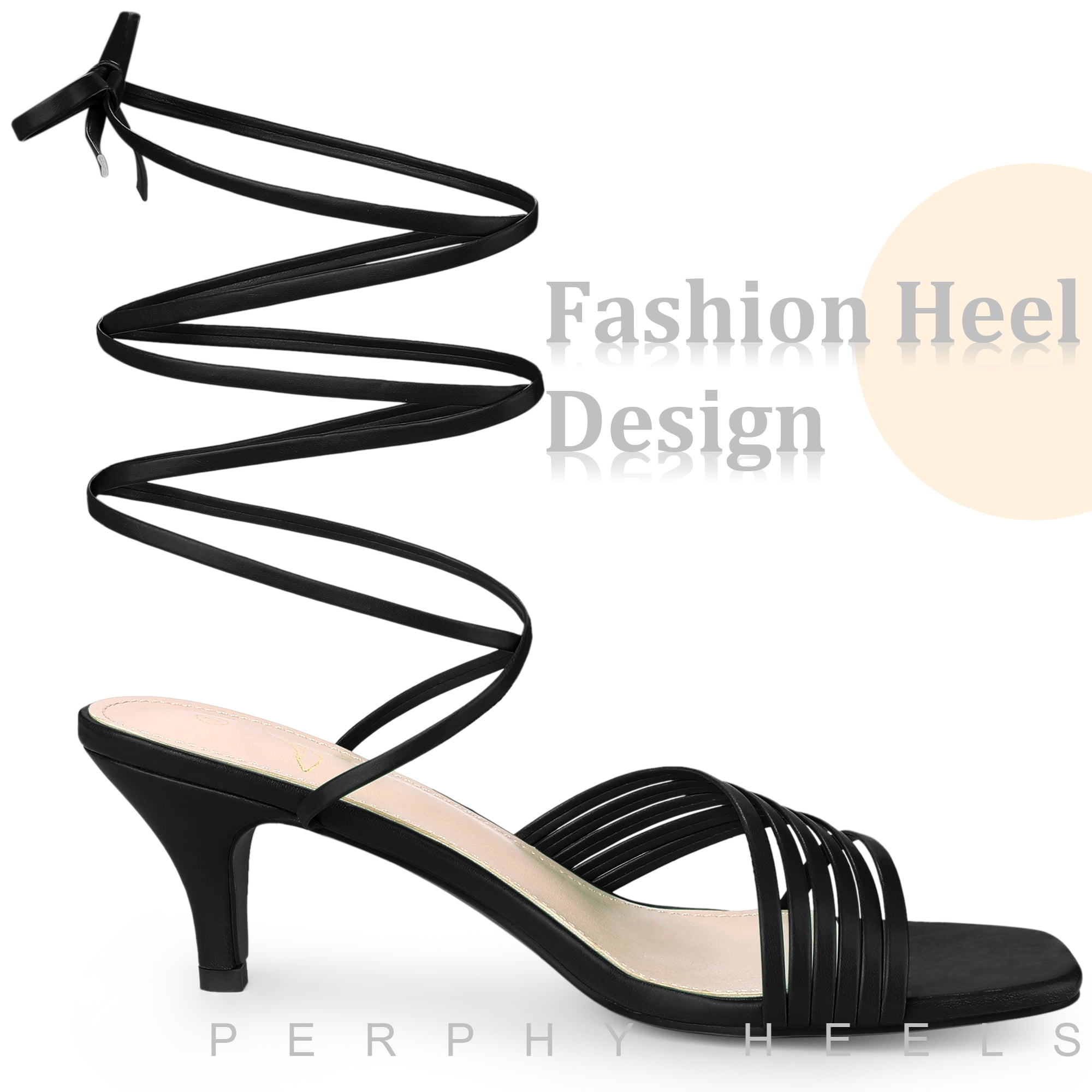 Unique Bargains Women's Square Toe Strappy Lace Up Kitten Heels Sandals