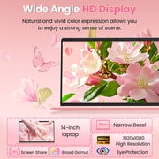 Rumtuk 14 Rose Gold Laptop,8GB LPDDR4 RAM,256GB SSD,CPU J4105,Win 11 Pro/Office 2019,FHD IPS,180° Hinge,Webcam,TF Card Slot,USB3.0,Mouse & Mouse Pad,Ultra Light- Pink PC Notebook for Work Study Play