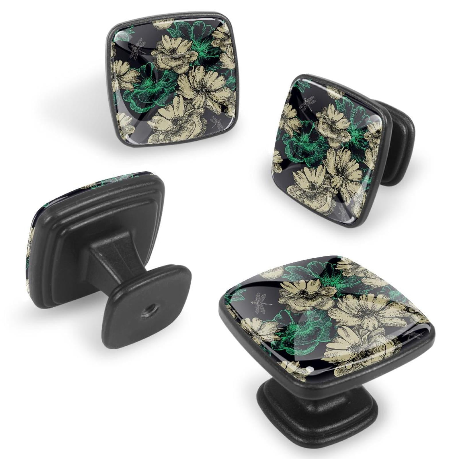 4 Pcs Cabinet Handle Drawer Pulls Roses Dragonflies Knobs with Screws Square Furniture Office Cabinet Knob Decoration
