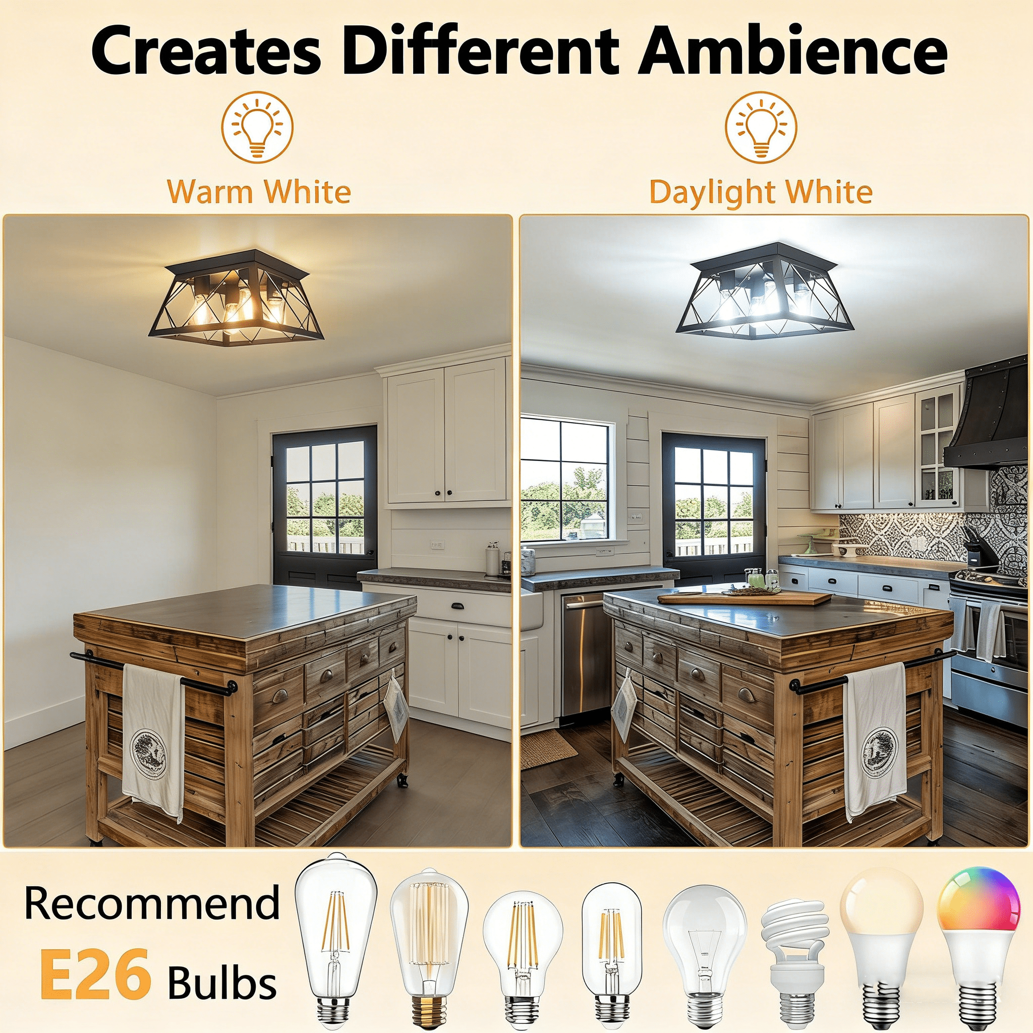 Farmhouse Ceiling Light Semi Flush Mount Vintage 4-Light Square Rustic Island Light Fixtures for Entryway Hallway Dining Room Living Room Bedroom