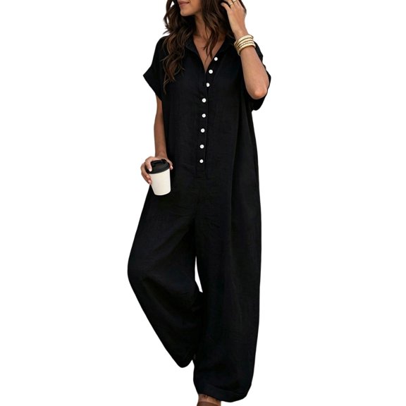 PBFRDSJ Short Sleeve Rompers for Women Loose Fit Wide Leg One Piece Romper Button Down V Neck Casual Jumpsuit with Back Pockets